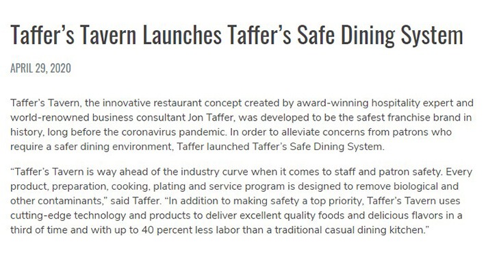 Taffers Tavern Launches Safe Dining System